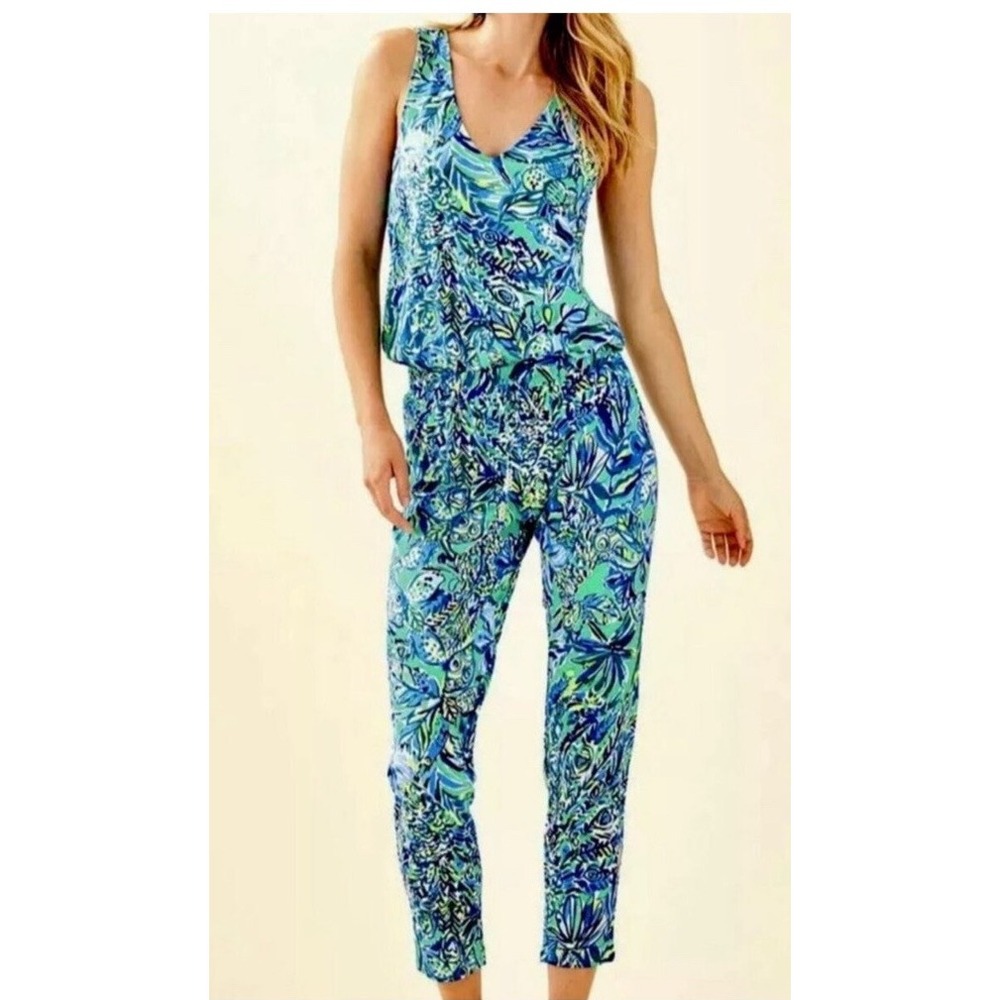 Lilly Pulitzer Paulina Jumpsuit Sneak a Beak Blue Green Medium NWT 25317